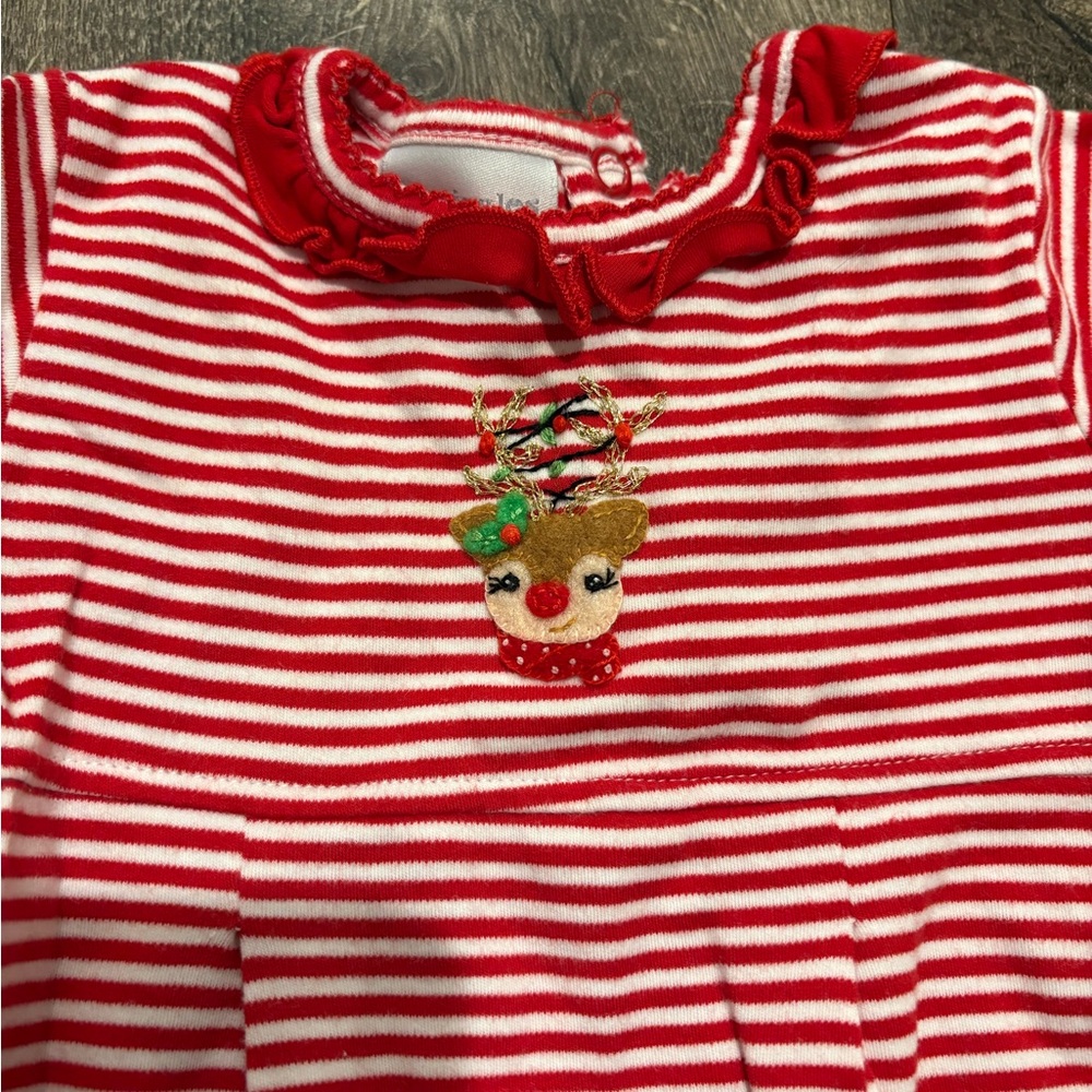 Red and White Striped Kids Bodysuit with Reindeer Design